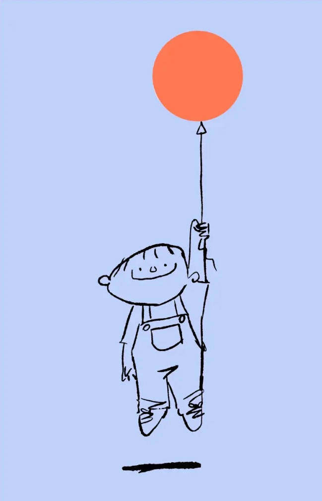 Hand-drawn vector drawing of a Child levitating with a balloon in hand.